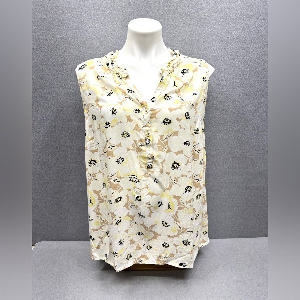 Talbots Sleeveless White & Yellow V-neck Floral Patterned Blouse 100% Viscose 1X